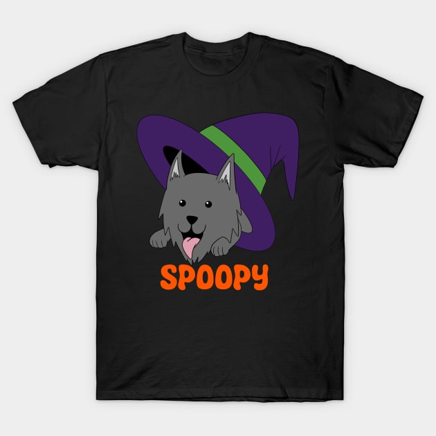 Spoopy Wolf in Witch’s Hat - Gray T-Shirt by RA Art